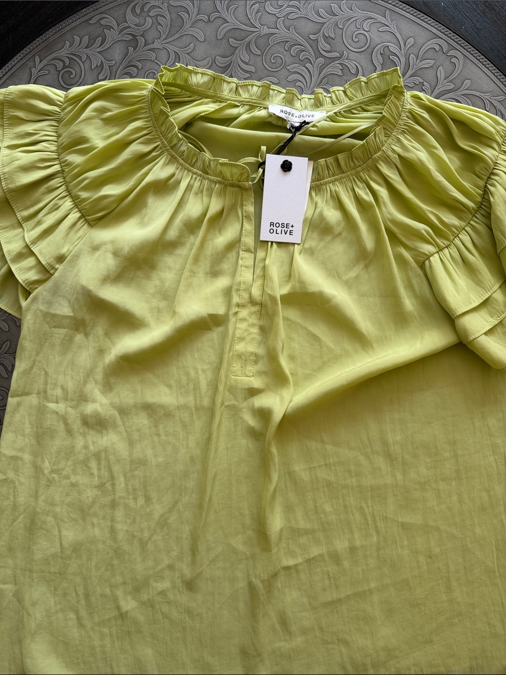 Rose & Olive Women's Chartreuse Ruffled Short Sleeve Blouse